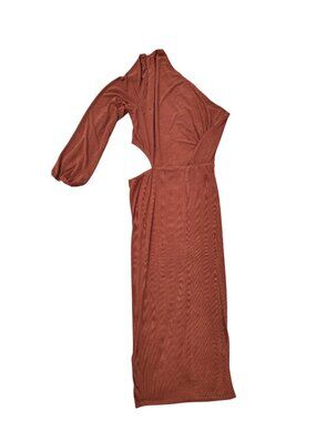 One-Shoulder Women’s Rust Midi Dress Cut-Out Detail Long Sleeve Size L